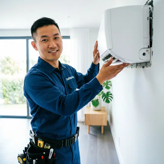 Técnico especializado instalando ar-condicionado split em residência